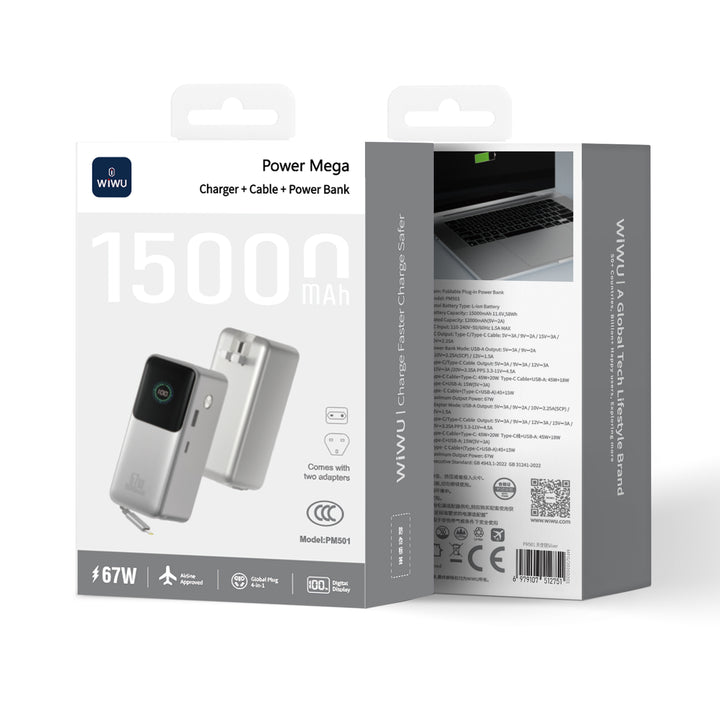 WiWU 15000mAh Power Mega — 2-in-1 GaN Charger & Power Bank for Global Power Needs