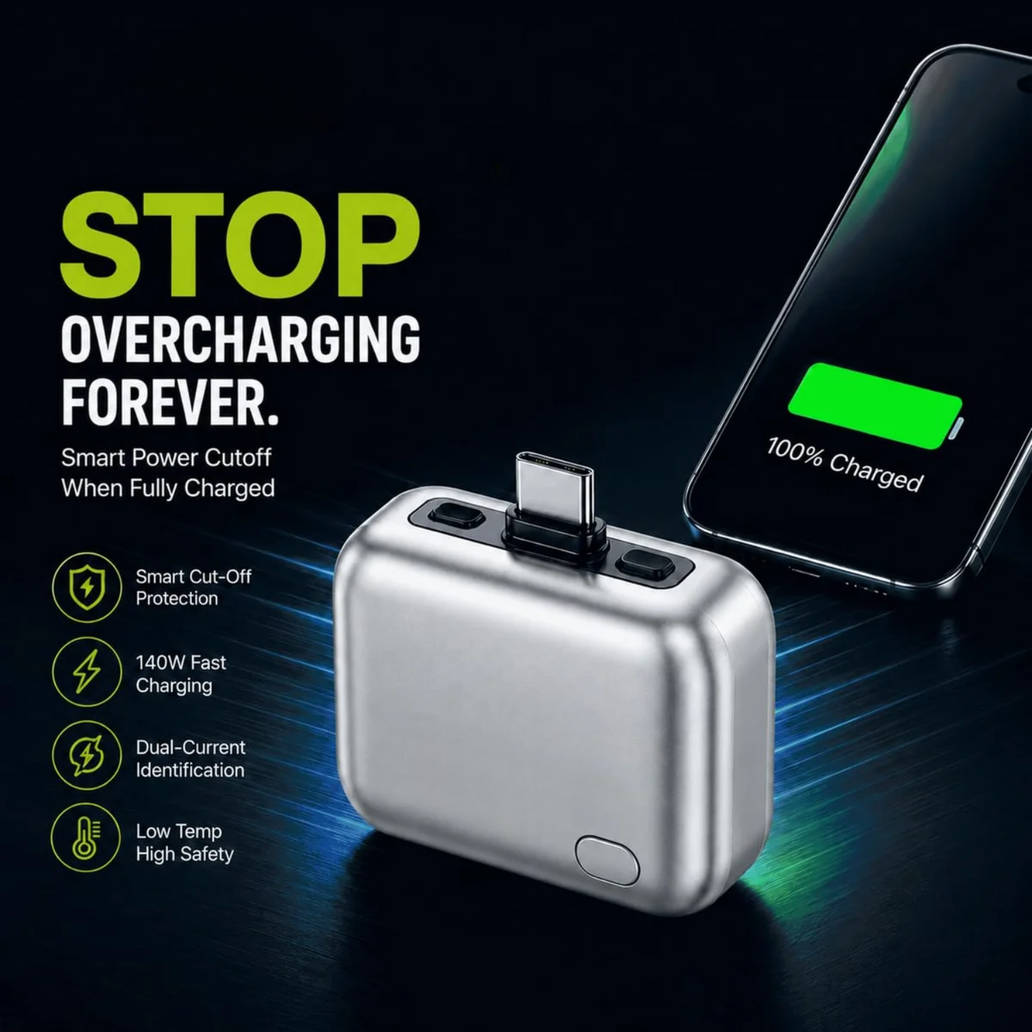 Eject: Type-C Smart Auto Cut-Off Charging Adapter with Automatic Power Disconnect & Battery Protection