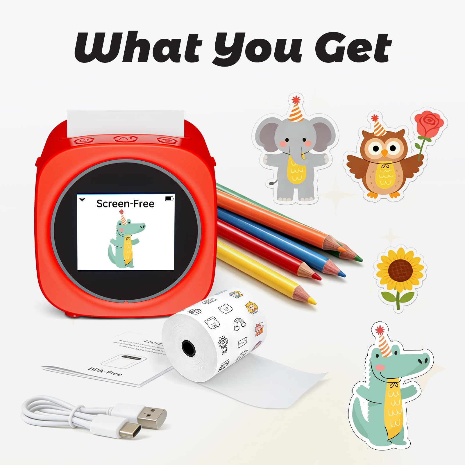 AI Voice Sticker Printer Box for Kids,Inkless Wireless Screen-Free Imagination Printer with Safe Paper Rolls,Portable Thermal Mini Sticker Maker Machine for DIY/Gift,For Home/School/ Office (Red)