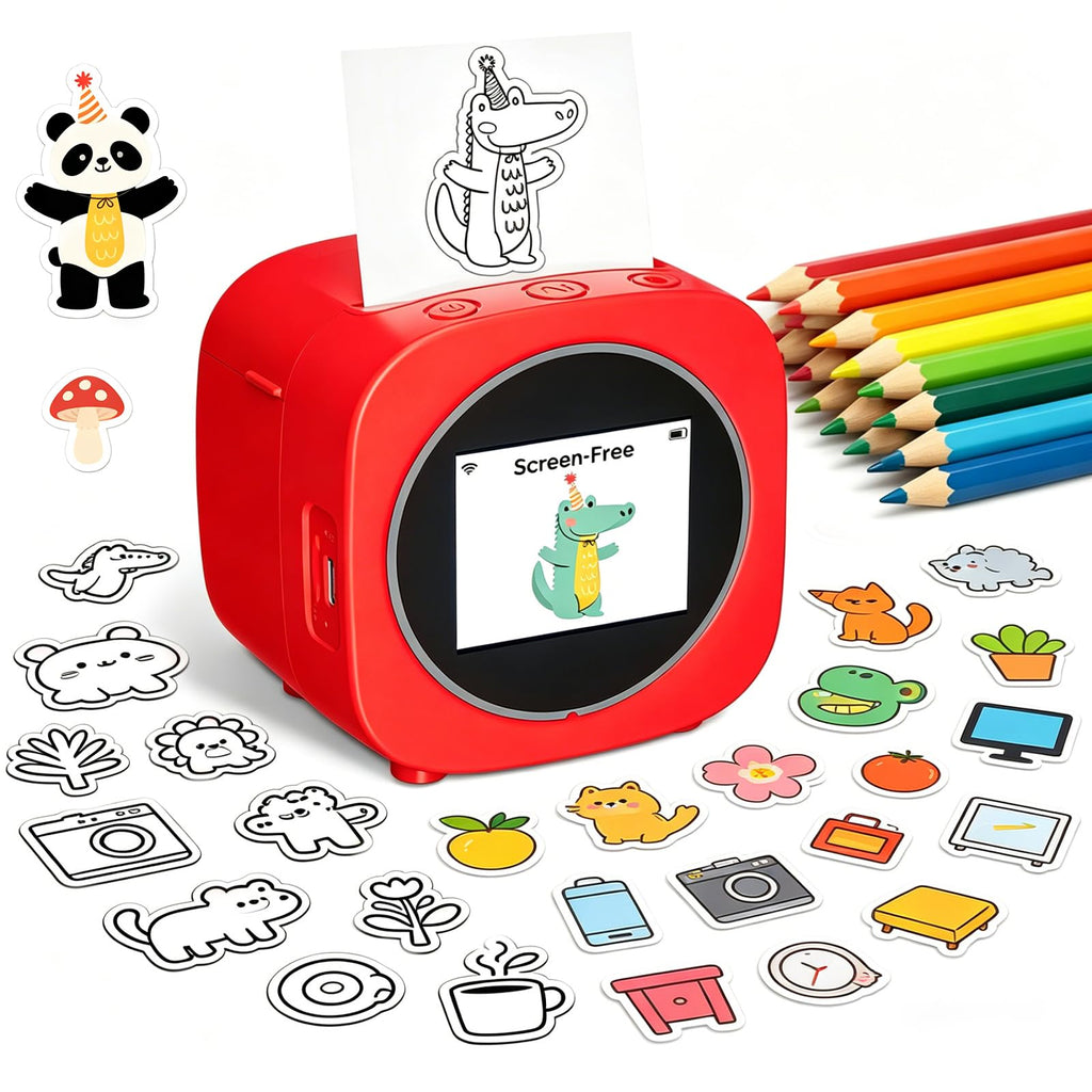AI Voice Sticker Printer Box for Kids,Inkless Wireless Screen-Free Imagination Printer with Safe Paper Rolls,Portable Thermal Mini Sticker Maker Machine for DIY/Gift,For Home/School/ Office (Red)