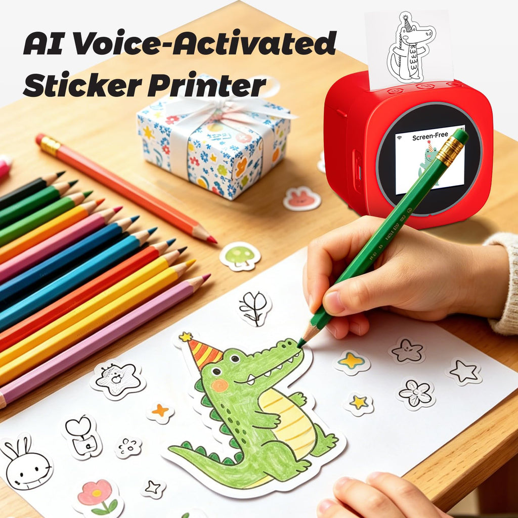 AI Voice Sticker Printer Box for Kids,Inkless Wireless Screen-Free Imagination Printer with Safe Paper Rolls,Portable Thermal Mini Sticker Maker Machine for DIY/Gift,For Home/School/ Office (Red)