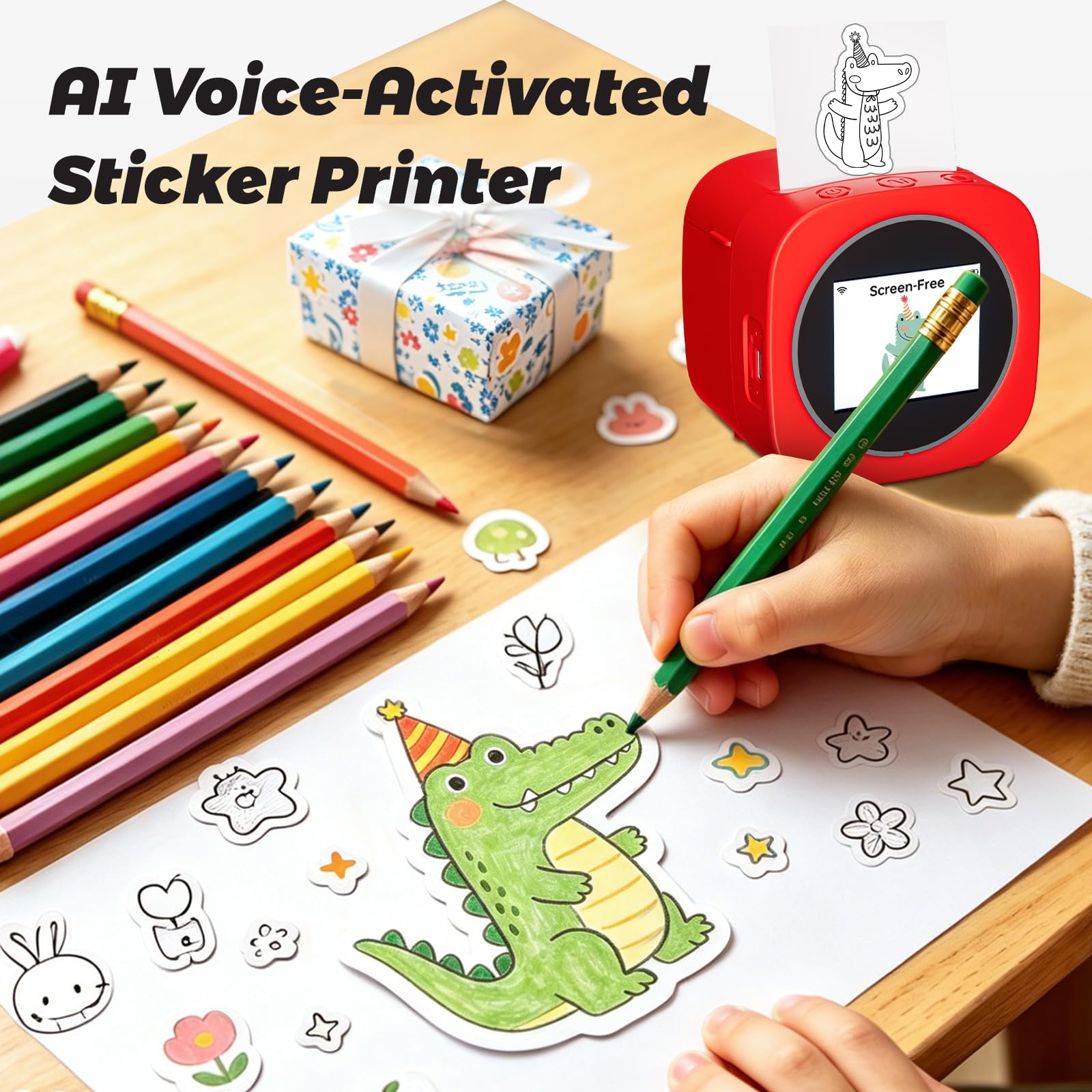 AI Voice Sticker Printer Box for Kids,Inkless Wireless Screen-Free Imagination Printer with Safe Paper Rolls,Portable Thermal Mini Sticker Maker Machine for DIY/Gift,For Home/School/ Office (Red)