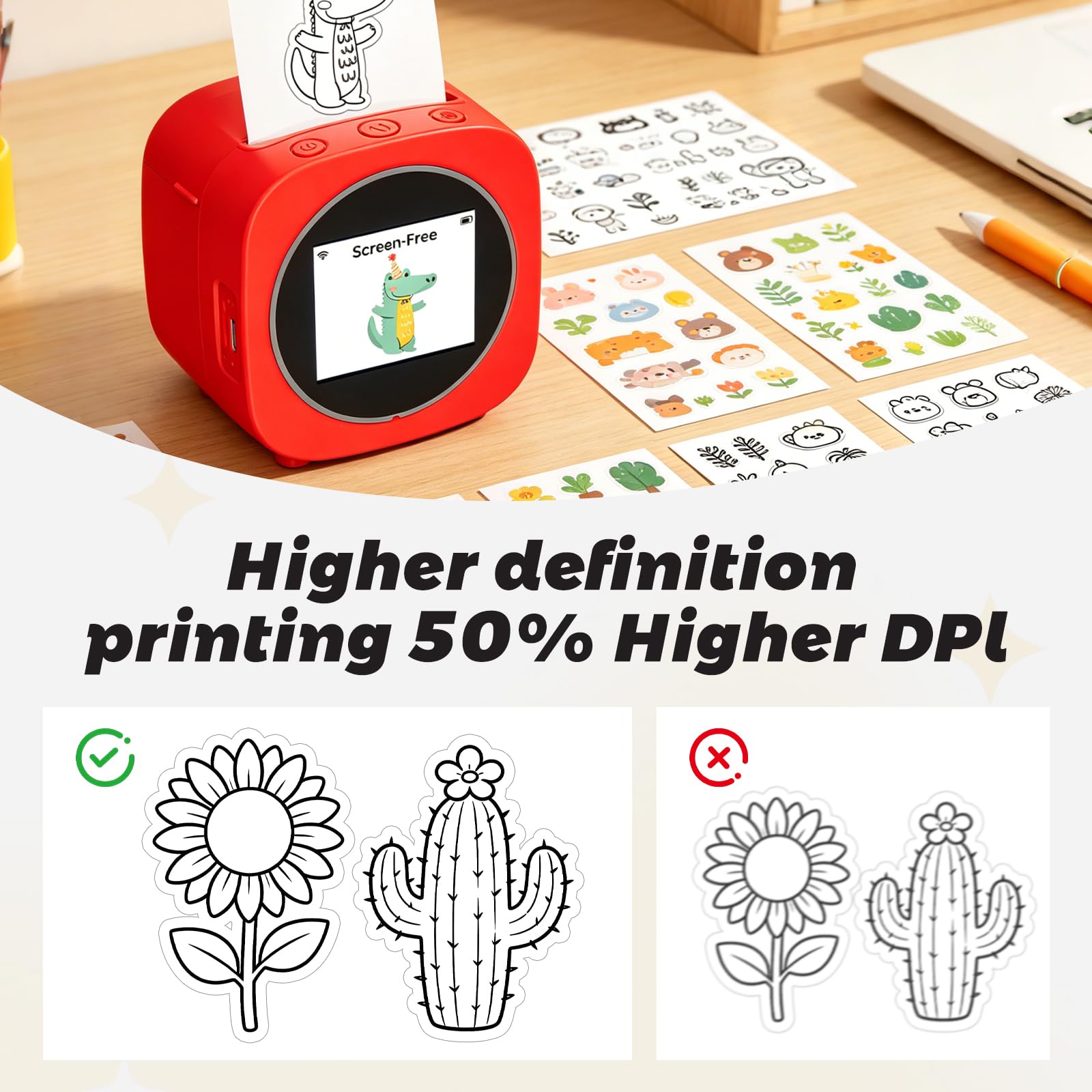 AI Voice Sticker Printer Box for Kids,Inkless Wireless Screen-Free Imagination Printer with Safe Paper Rolls,Portable Thermal Mini Sticker Maker Machine for DIY/Gift,For Home/School/ Office (Red)