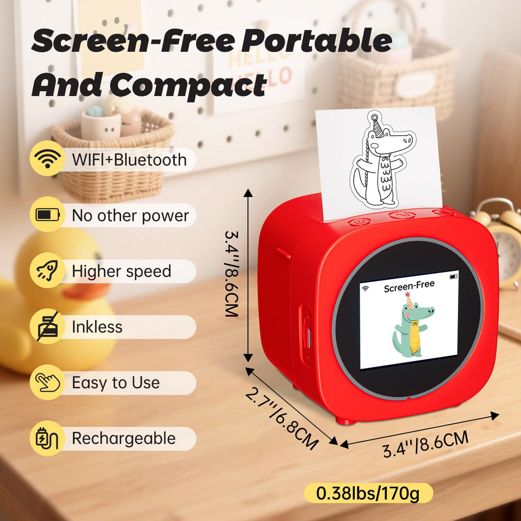 AI Voice Sticker Printer Box for Kids,Inkless Wireless Screen-Free Imagination Printer with Safe Paper Rolls,Portable Thermal Mini Sticker Maker Machine for DIY/Gift,For Home/School/ Office (Red)