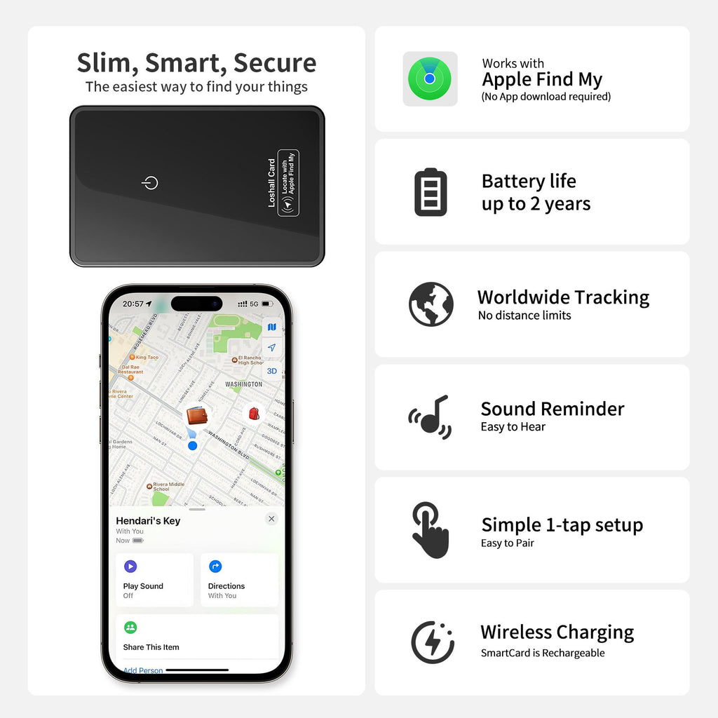 Ultra-Thin AirTag Card with Wireless Charging for iOS & Android