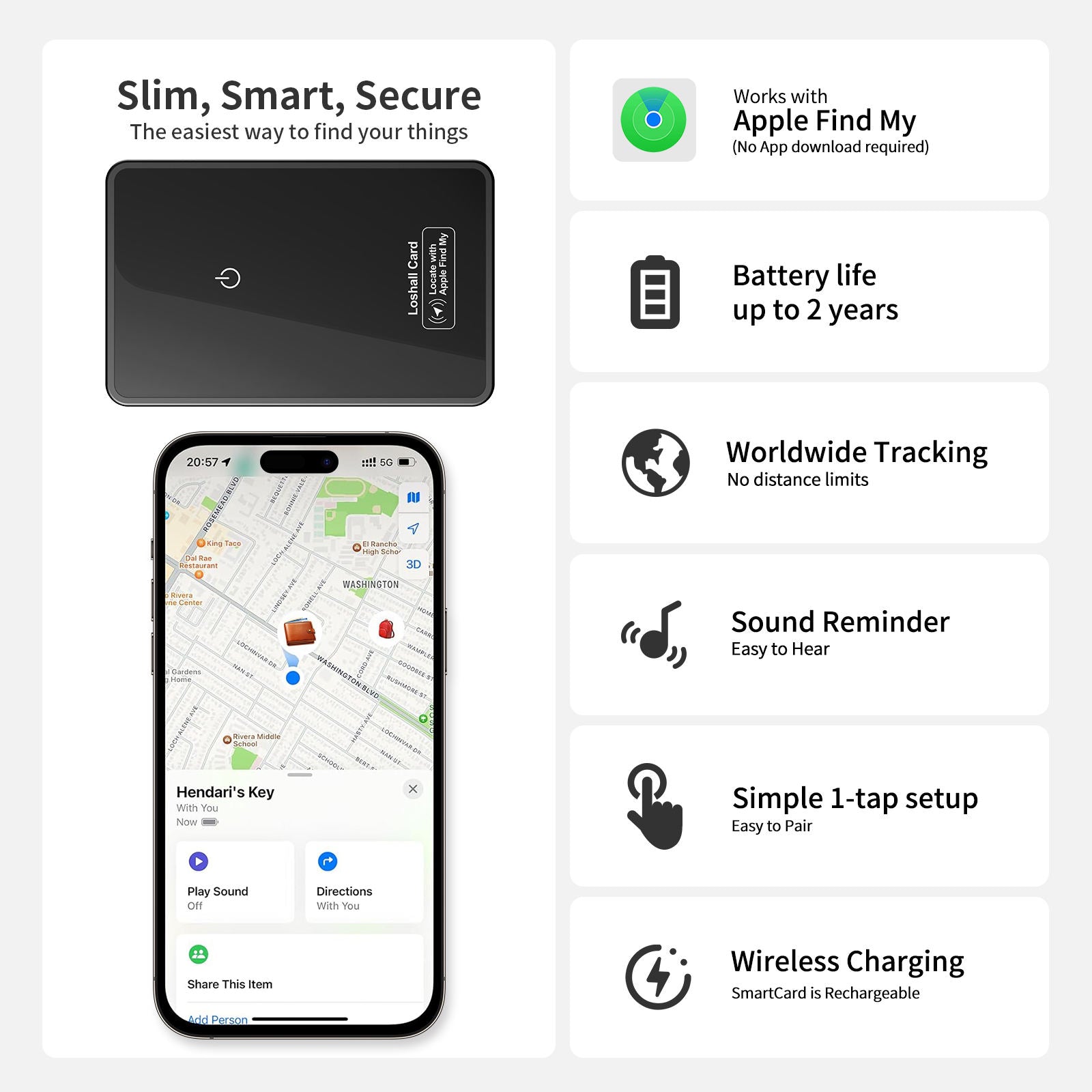 Ultra-Thin AirTag Card with Wireless Charging for iOS & Android